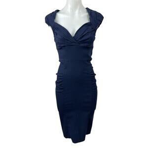 Newdow Women's Navy Blue Ruched Short Sleeve Midi Pencil Bodycon Dress Size M